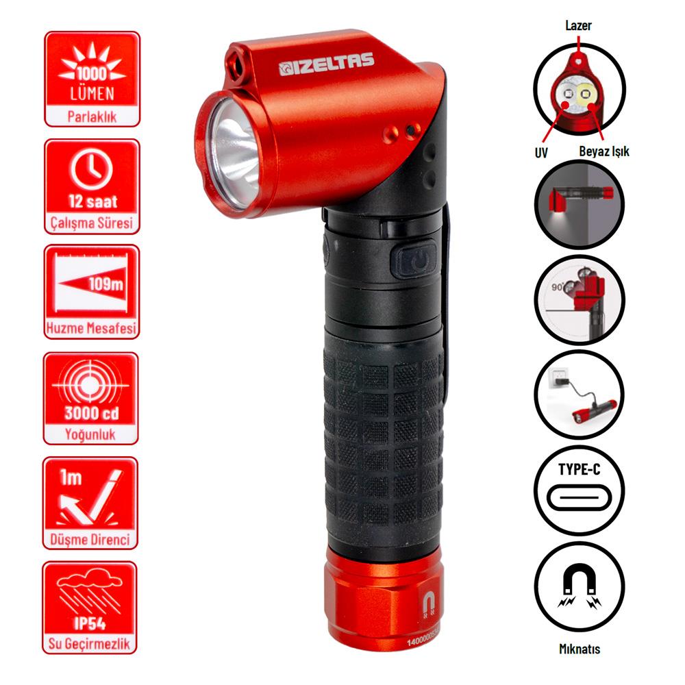 İzeltaş PRO LED Şarjlı Lazer Pointer/UV El Feneri 1000 lm fiyatı