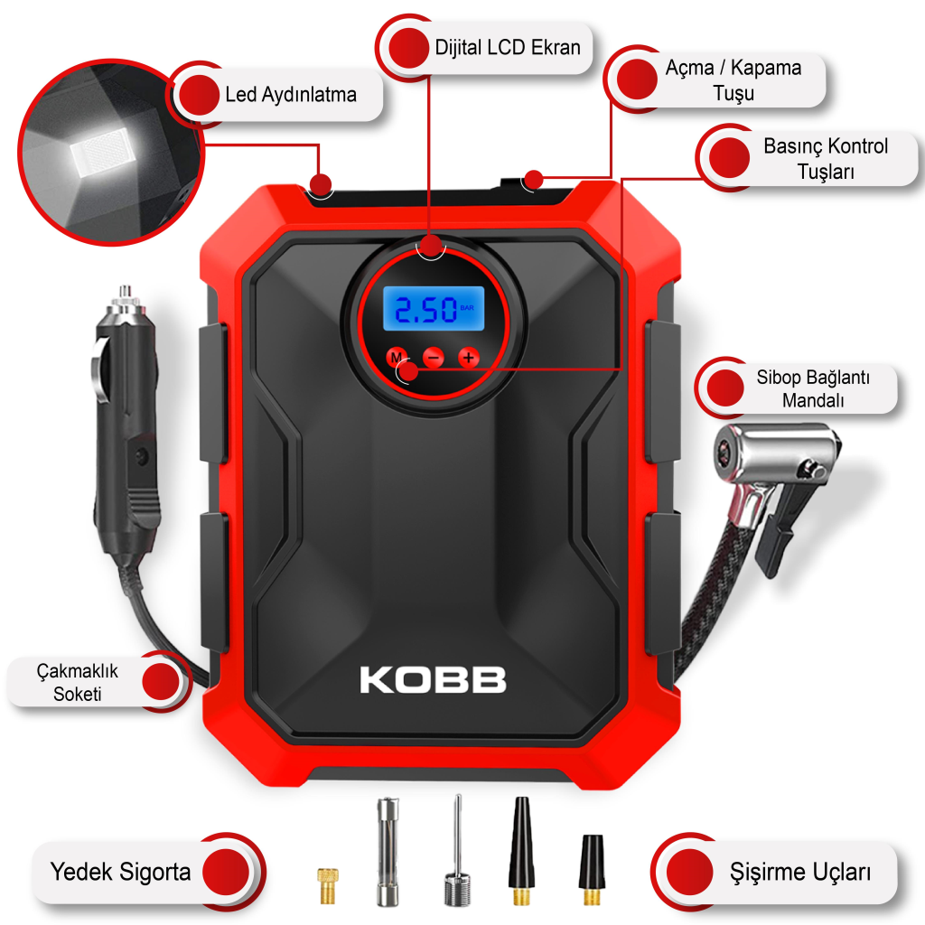 KOBB KB200 12Volt 150 PSI Ayarlanabilir Dijital Basınç Göstergeli Hava Lastik Şişirme Pompası nasıl kullanılır
