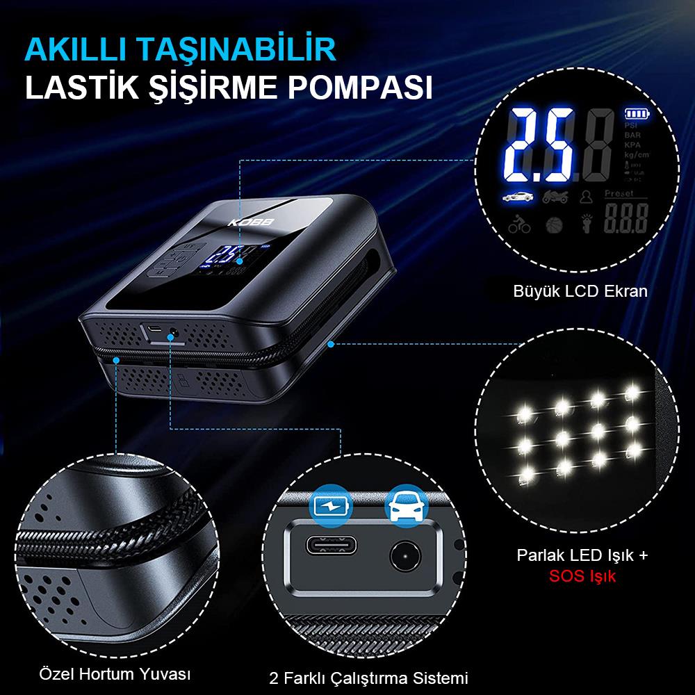 KOBB KB420 12Volt/Şarjlı 150PSI Taşınabilir Dijital Basınç Göstergeli Led Aydınlatmalı Lastik Şişirme Pompası ne işe yarar