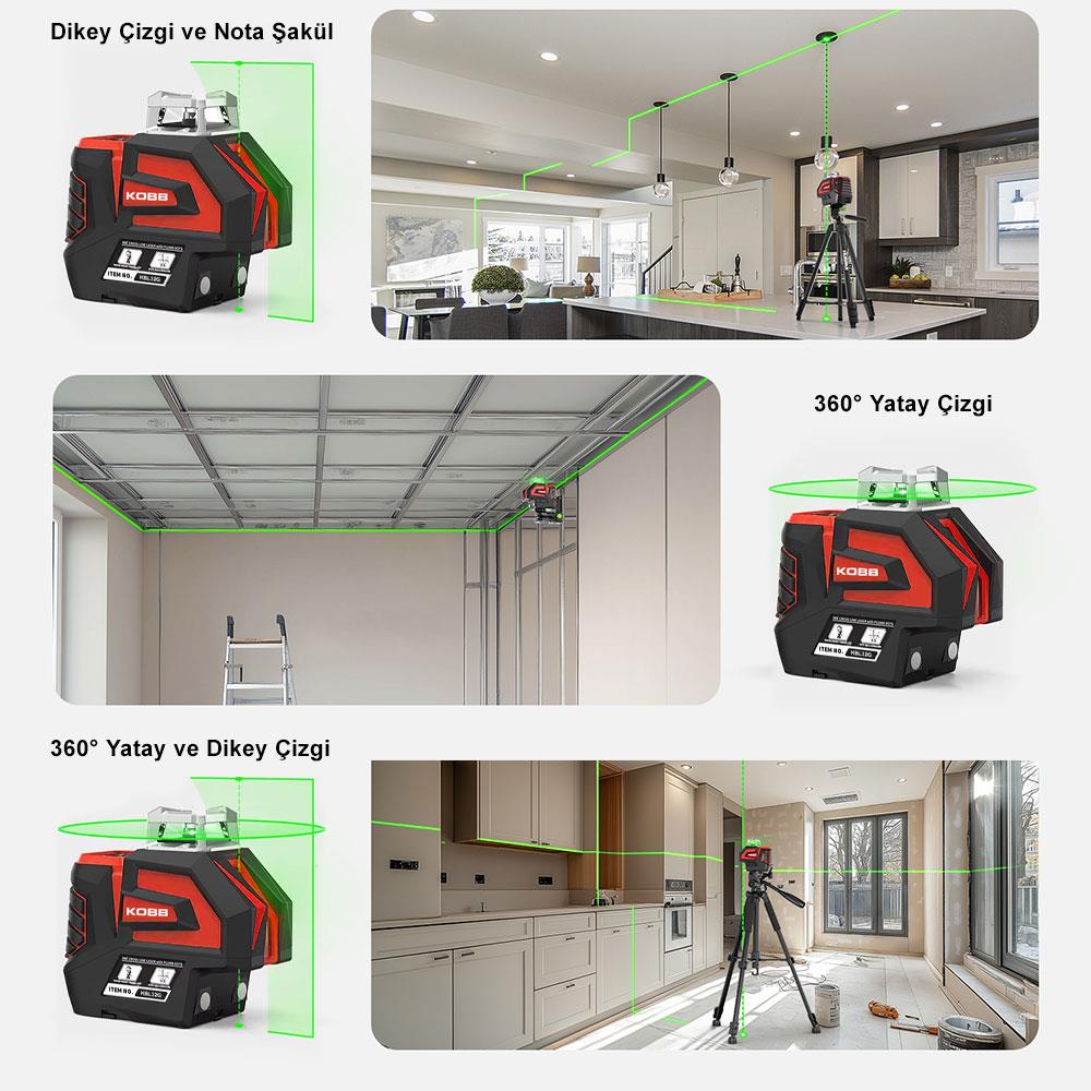 KOBB KBL32GTP Profesyonel Li-ion Yatay 360° ve Dikey Otomatik Hizalamalı Yeşil Nokta Şakül ve Çapraz Çizgi Lazer+Tripod ne işe yarar