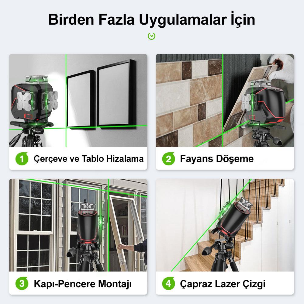 KOBB KBL36G Profesyonel Li-ion Şarjlı 4X360⁰ LCD Ekran Otomatik Hizalamalı Yeşil Çapraz Çizgi Lazer Distomat ne işe yarar
