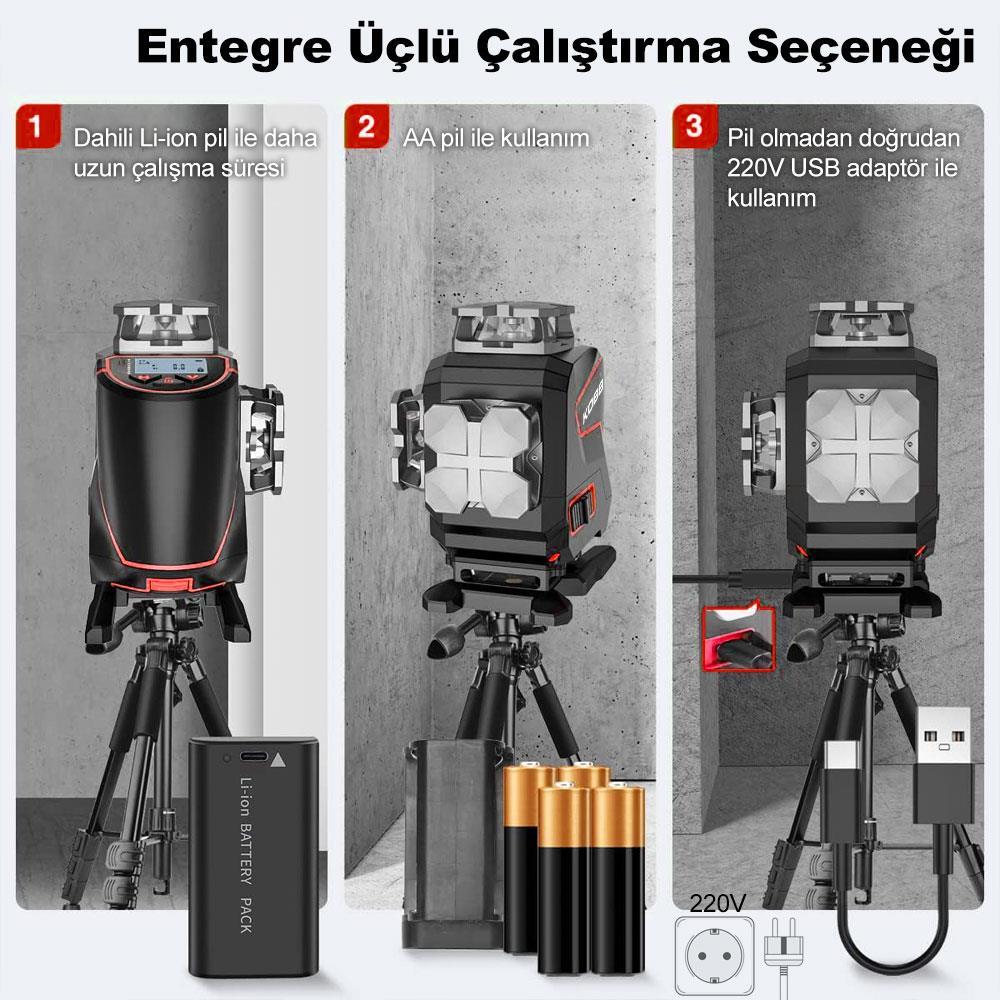 KOBB KBL36G Profesyonel Li-ion Şarjlı 4X360⁰ LCD Ekran Otomatik Hizalamalı Yeşil Çapraz Çizgi Lazer Distomat ne işe yarar