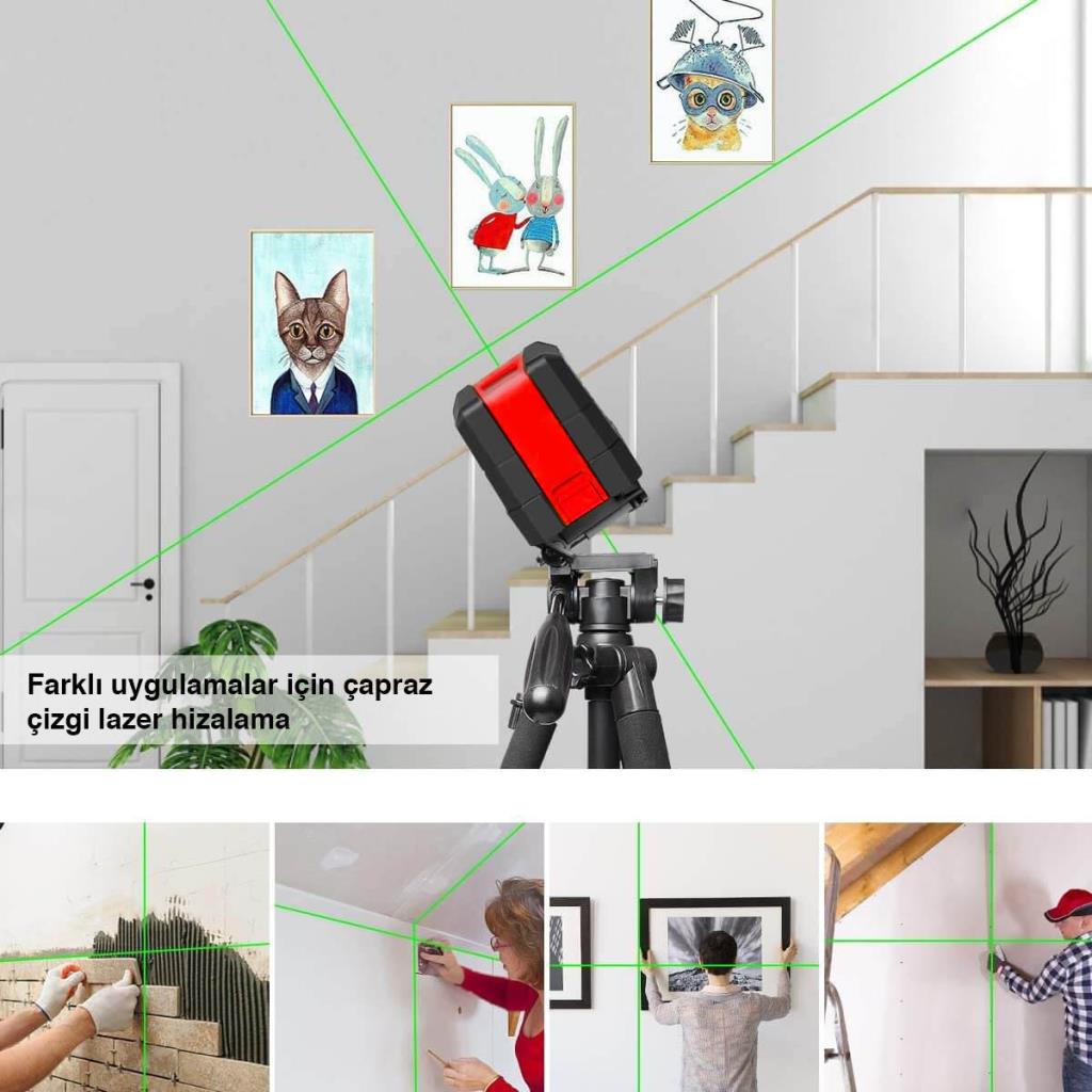 KOBB KBL92GTP 30 Metre Profesyonel Yatay ve Dikey Otomatik Hizalamalı Yeşil Çapraz Çizgi Lazer, 2 Noktalı Şakül Lazer Distomat + Mini Tripod + Tripod nasıl kullanılır