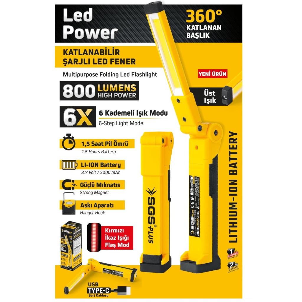 SGS 5056 ŞARJLI LED FENER 800 LÜMEN KATLANIR 3.7 VOLT/ 2000 mAh fiyatı