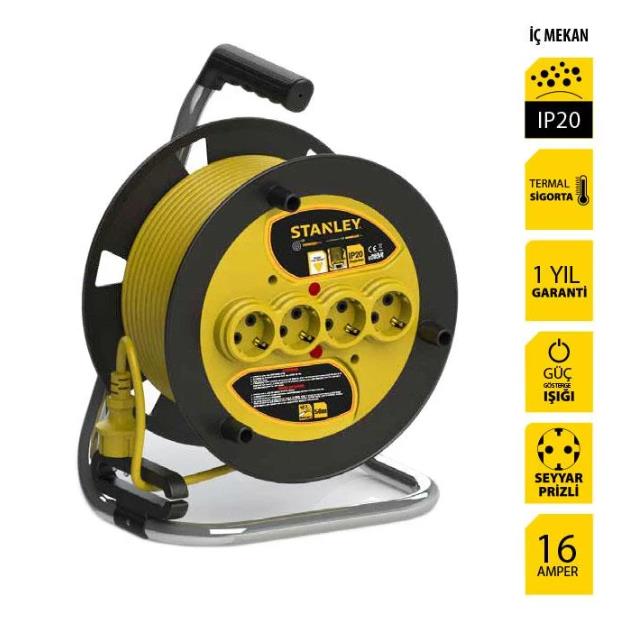 Stanley ST-E-5015 Makaralı Kablo 50 Mt, 3x1.5mm, 4 Prizli, IP20 fiyatı