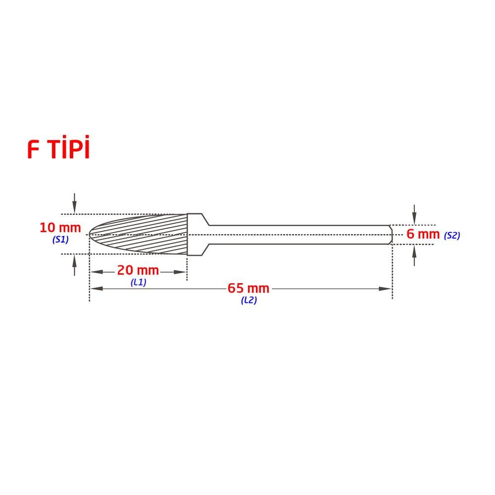 Tungsten Karbür Kalıpçı Freze F Formu 10x20 mm (Sap: 6mm) ne işe yarar