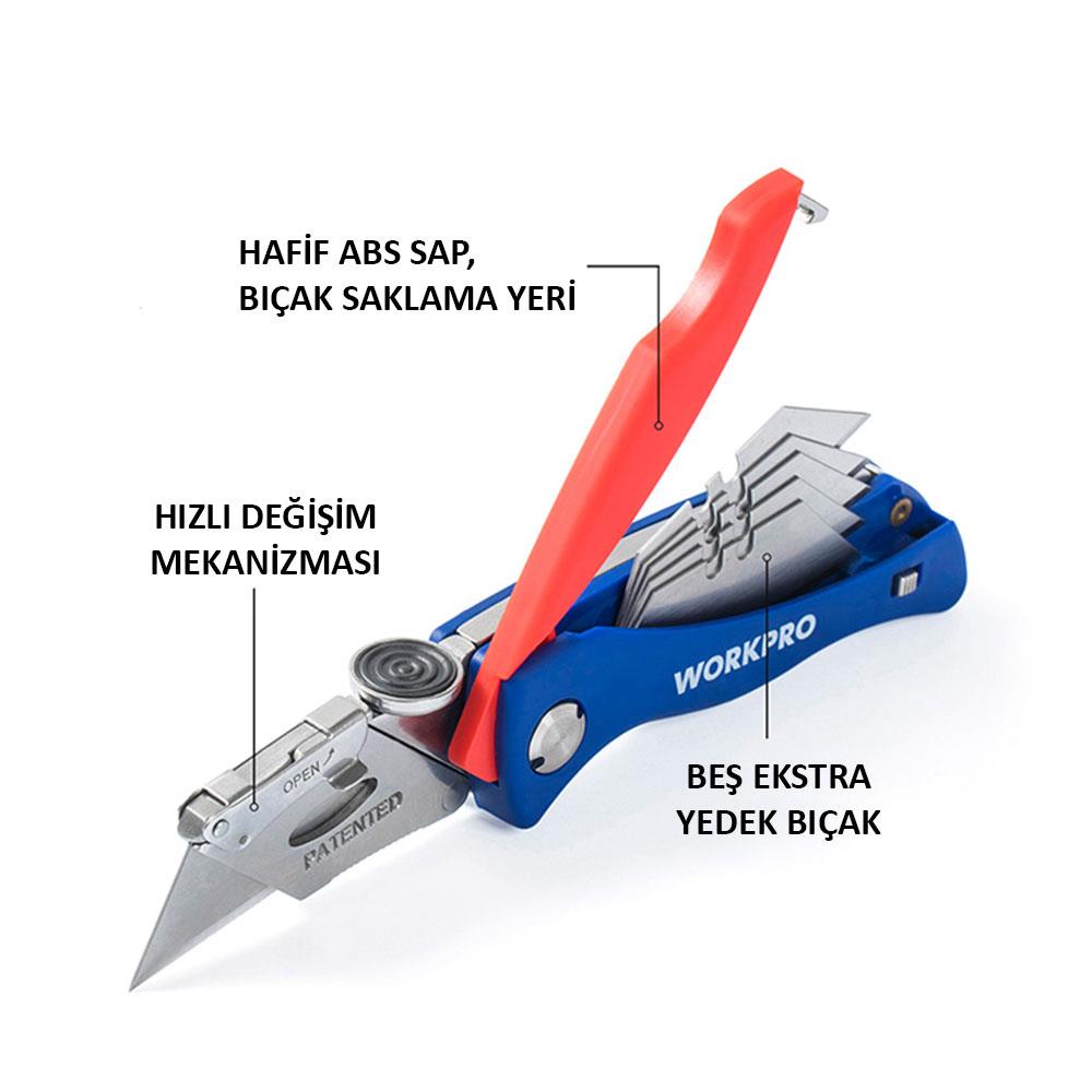 WORKPRO WP211006 Ağır Hizmet Paslanmaz Çelik Gövde Katlanır Rötuş Maket Bıçağı + 6 Adet Yedek Bıçak nasıl kullanılır
