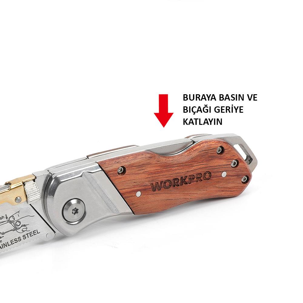WORKPRO WP211014 Ağır Hizmet Paslanmaz Çelik/Ahşap Gövde Katlanır Rötuş Maket Bıçağı + 10 Adet Yedek Bıçak ne işe yarar
