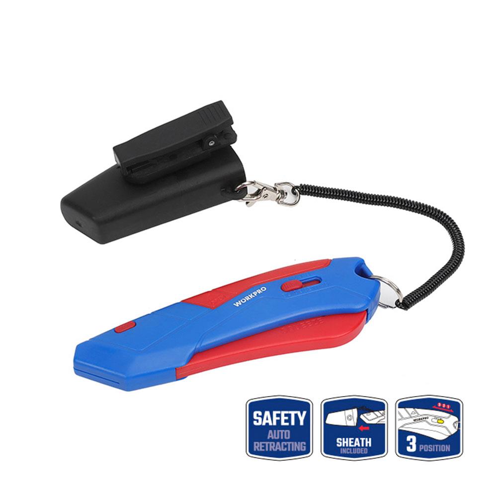 WORKPRO WP213010 Kemer Askı Kancalı Otomatik Geri Çekilebilir Mandallı Rötuş Maket Bıçağı + 3 Adet Yedek Bıçak fiyatı