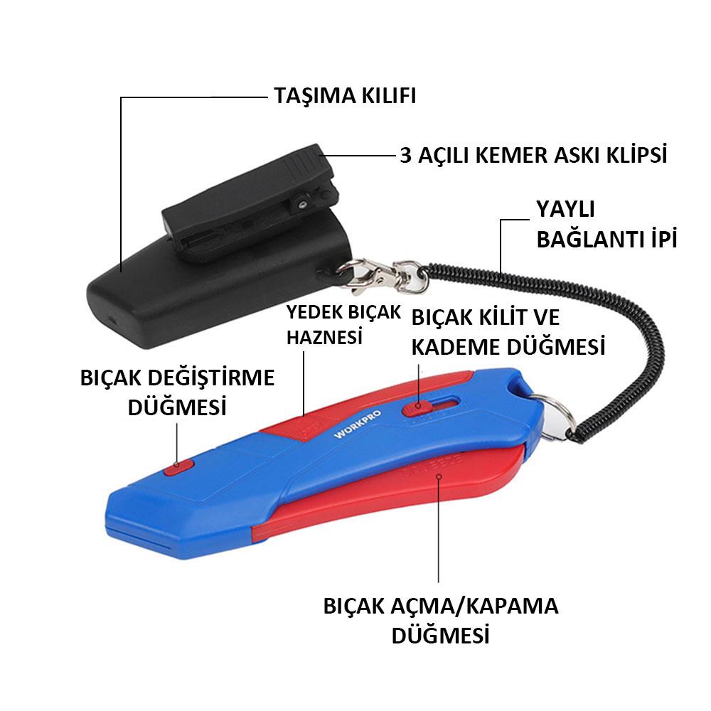 WORKPRO WP213010 Kemer Askı Kancalı Otomatik Geri Çekilebilir Mandallı Rötuş Maket Bıçağı + 3 Adet Yedek Bıçak nereden bulurum