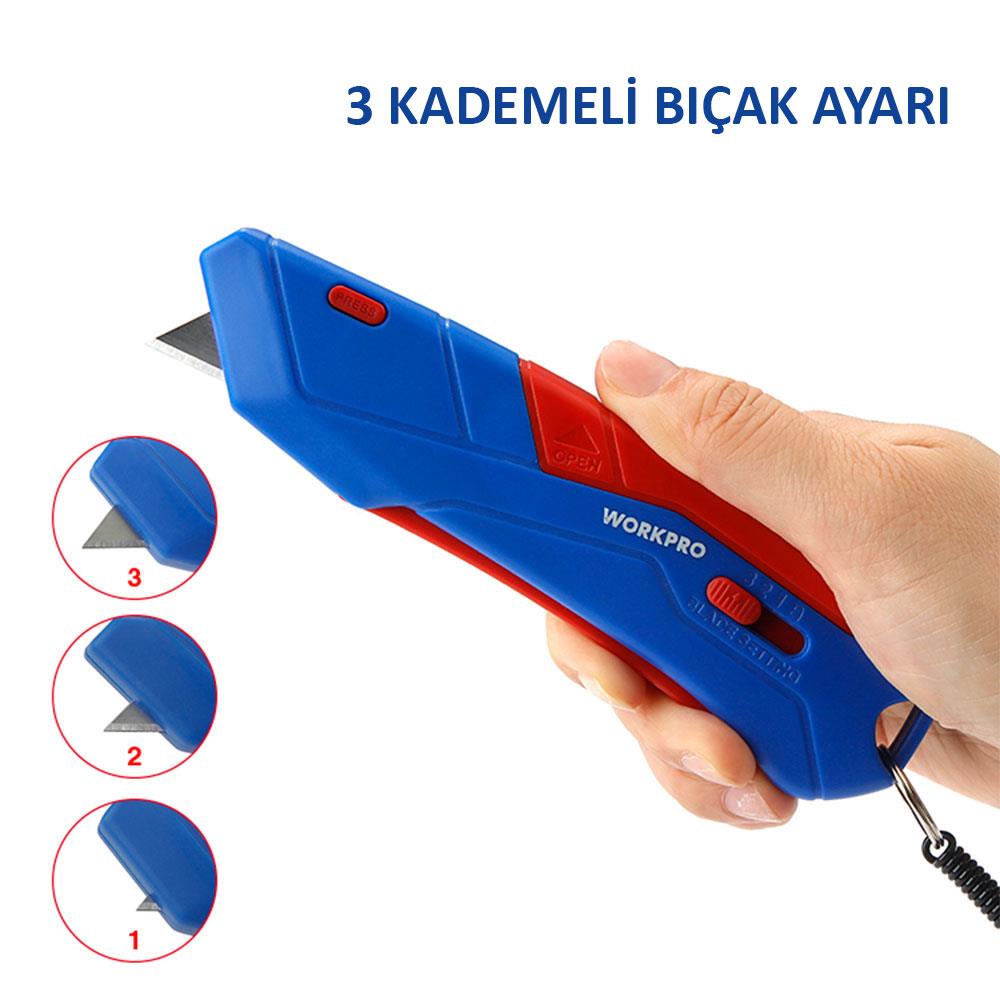 WORKPRO WP213010 Kemer Askı Kancalı Otomatik Geri Çekilebilir Mandallı Rötuş Maket Bıçağı + 3 Adet Yedek Bıçak ne işe yarar