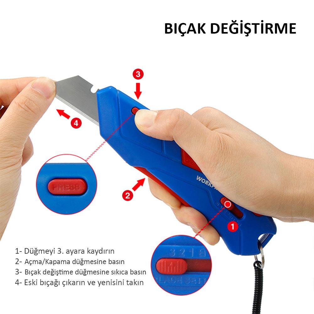 WORKPRO WP213010 Kemer Askı Kancalı Otomatik Geri Çekilebilir Mandallı Rötuş Maket Bıçağı + 3 Adet Yedek Bıçak ne işe yarar