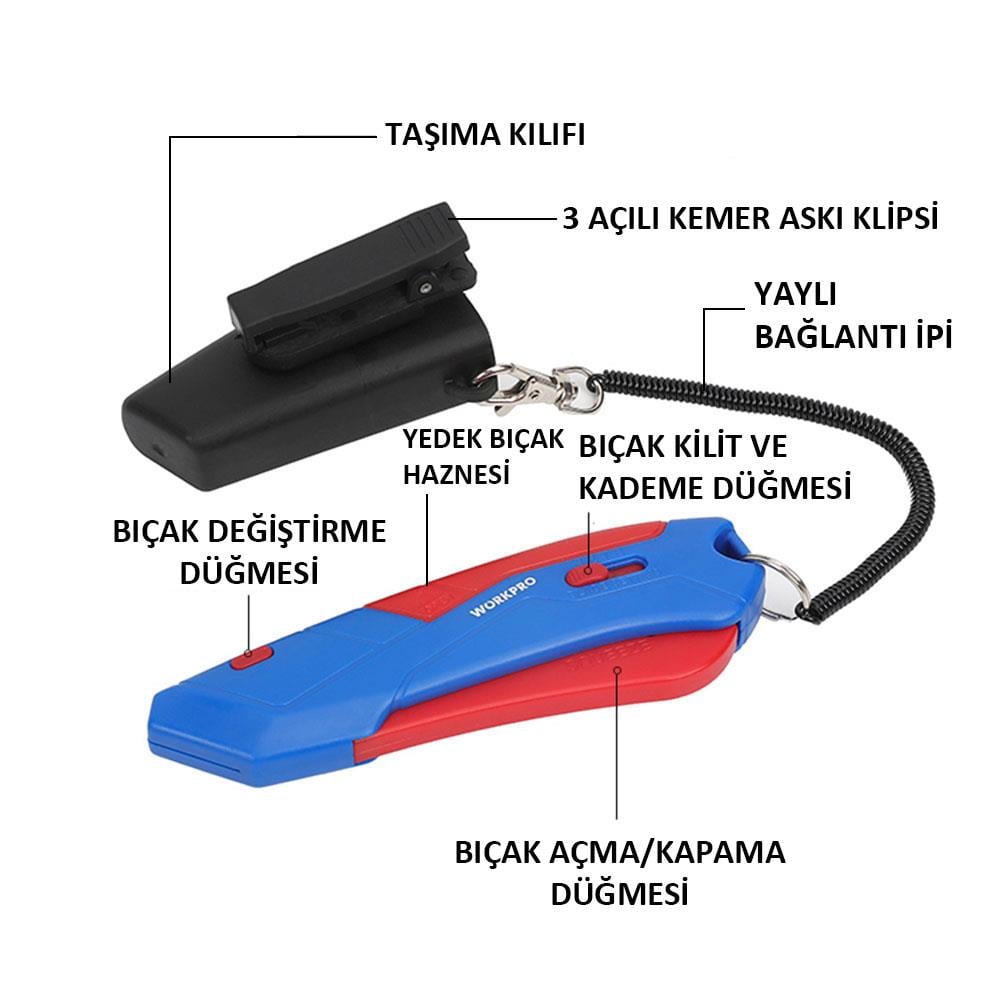 WORKPRO WP213010 Kemer Askı Kancalı Otomatik Geri Çekilebilir Mandallı Rötuş Maket Bıçağı + 3 Adet Yedek Bıçak nereden bulurum