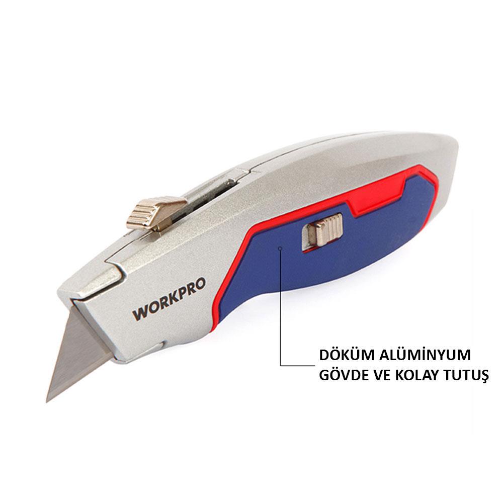 WORKPRO WP213011 Ağır Hizmet Alüminyum Gövde Geri Çekilebilir Rötuş Maket Bıçağı + 3 Adet Yedek Bıçak nasıl kullanılır