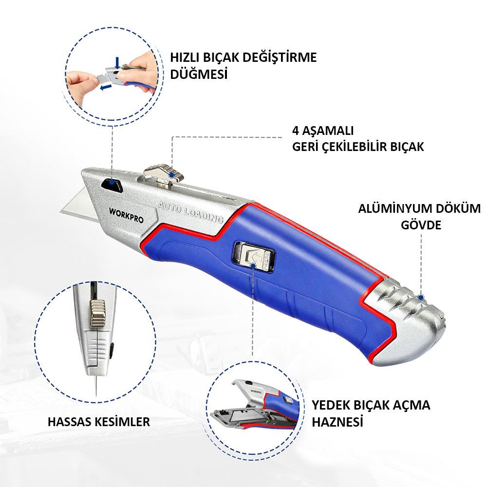 WORKPRO WP213012 Ağır Hizmet Alüminyum Gövde Geri Çekilebilir Rötuş Maket Bıçağı + 4 Adet Yedek Bıçak nereden bulurum
