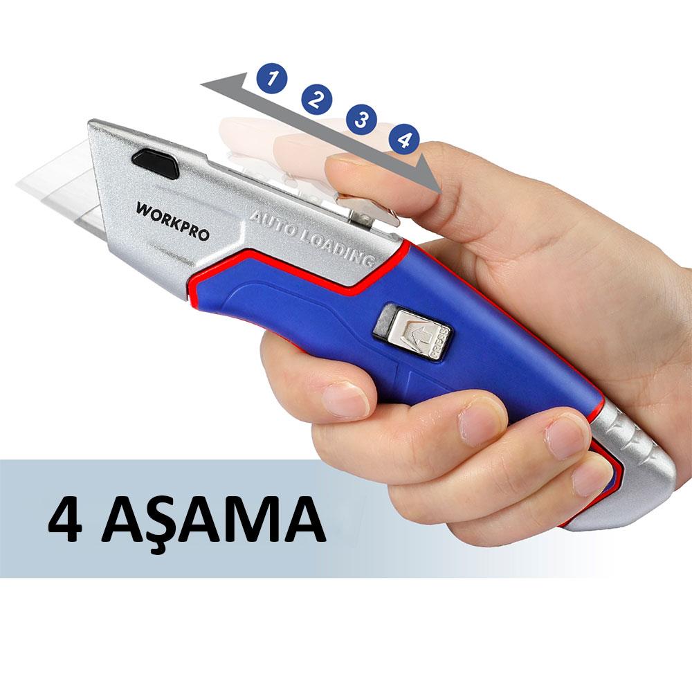 WORKPRO WP213012 Ağır Hizmet Alüminyum Gövde Geri Çekilebilir Rötuş Maket Bıçağı + 4 Adet Yedek Bıçak ne işe yarar