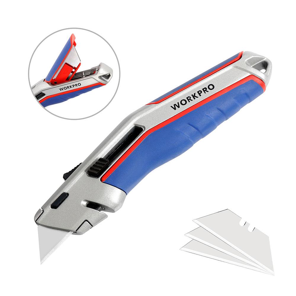WORKPRO WP213015 Ağır Hizmet Alüminyum Gövde Otomatik Geri Çekilebilir Rötuş Maket Bıçağı + 5 Adet Yedek Bıçak nasıl kullanılır