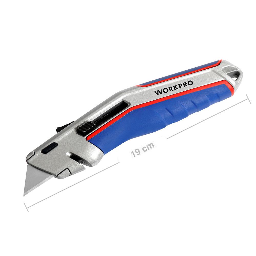 WORKPRO WP213015 Ağır Hizmet Alüminyum Gövde Otomatik Geri Çekilebilir Rötuş Maket Bıçağı + 5 Adet Yedek Bıçak ne işe yarar