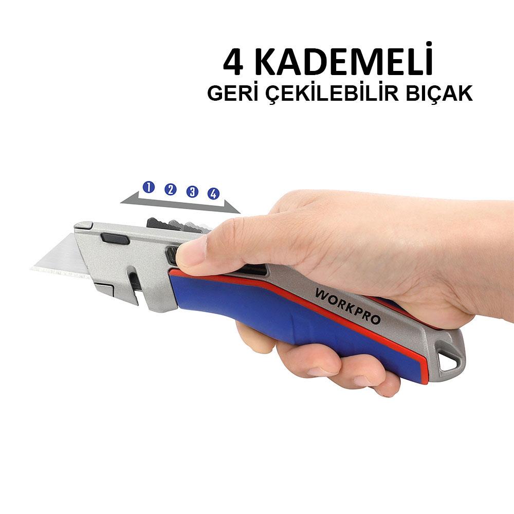 WORKPRO WP213015 Ağır Hizmet Alüminyum Gövde Otomatik Geri Çekilebilir Rötuş Maket Bıçağı + 5 Adet Yedek Bıçak ne işe yarar