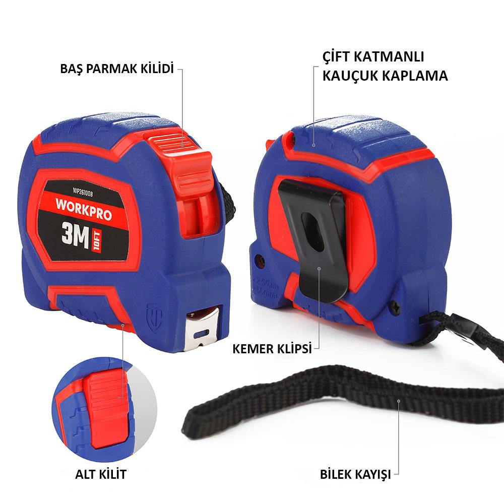 WORKPRO WP261008 3Mx16mm/10Ft. Naylon Kaplama Sarı Çelik Şerit Metre nasıl kullanılır