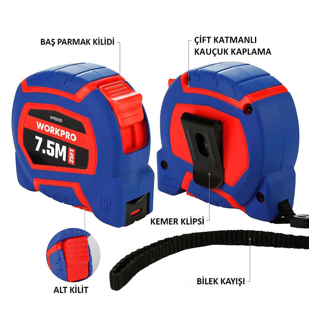 WORKPRO WP261010 7,5Mx25mm/25Ft. Naylon Kaplama Sarı Çelik Şerit Metre nasıl kullanılır