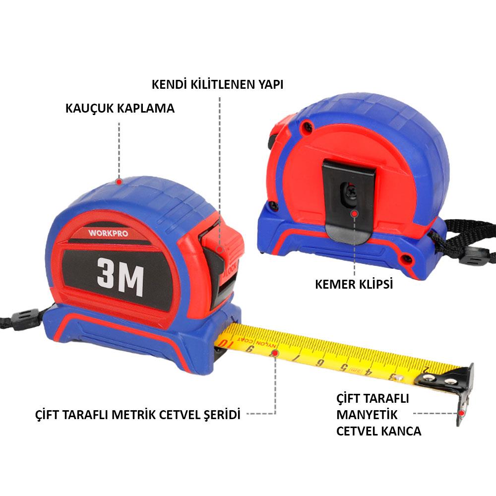 WORKPRO WP261040 3Mx16mm Naylon Kaplama Sarı Çift Taraflı Manyetik Çelik Şerit Metre nasıl kullanılır