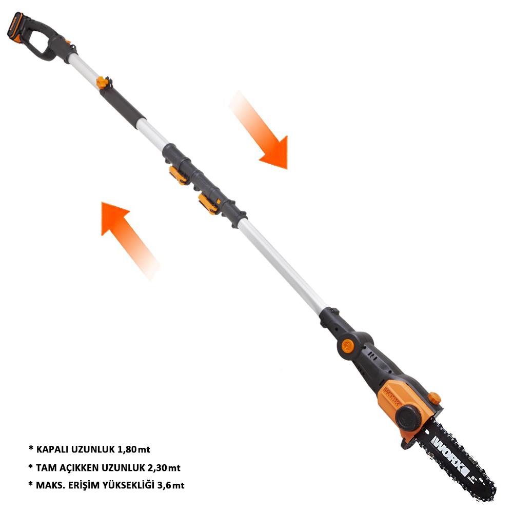 WORX WG349E 20Volt 2.0Ah Li-ion Tek Akülü 20CM Profesyonel Teleskobik Saplı Açı Ayarlı Zincirli Dal Budama nasıl kullanılır