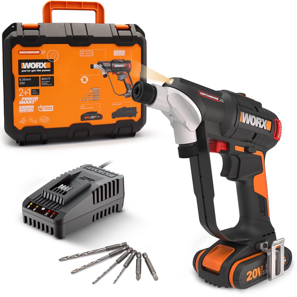 WORX WX177 20Volt/2.0Ah Li-ion Döner Kafa ve Çift Mandrenli Profesyonel Kömürsüz Şarjlı Matkap + 6 Parça Uç fiyatı