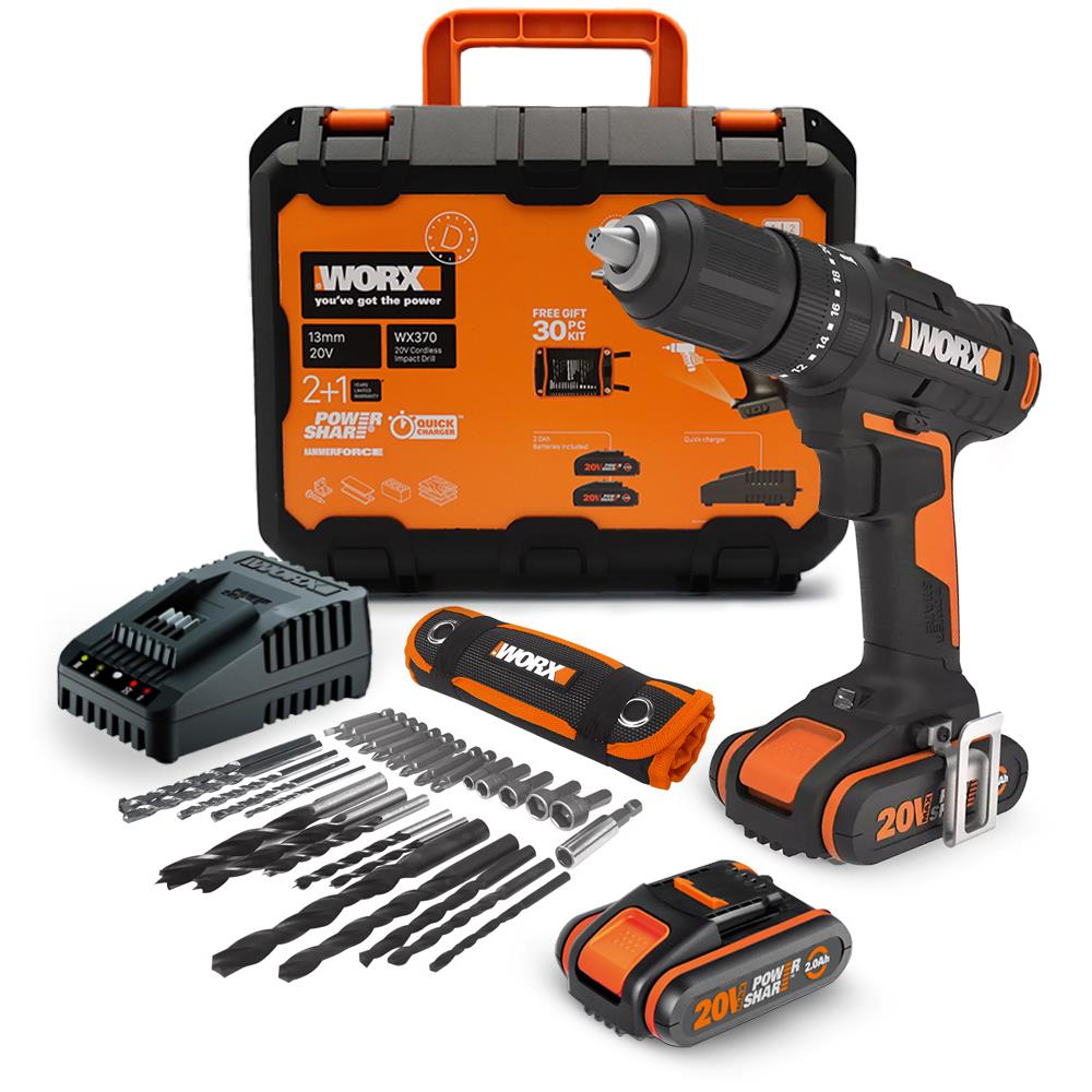 WORX WX370 20Volt/2Ah. Li-ion Çift Akülü Profesyonel Şarjlı Darbeli Matkap + 30 Parça Aksesuar Seti fiyatı