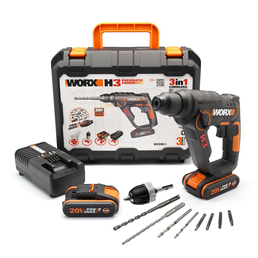 WORX WX390.1 20Volt 2.0Ah. Li-ion 1.2J Profesyonel SDS-Plus Pnömatik Çift Akülü Şarjlı Matkap + 8 Adet Uç + Mandren fiyatı