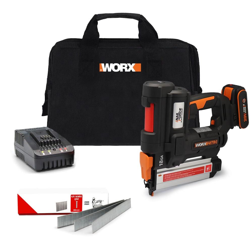 WORX WX842 20Volt/2.0Ah Li-ion 15-50mm Profesyonel Şarjlı Çivi Çakma Makinesi + 2700 Adet Yedek Çivi fiyatı