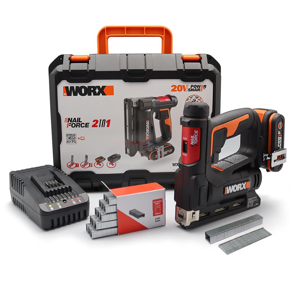 WORX WX843 20Volt/2.0Ah. Li-ion Şarjlı Profesyonel 6-14mm Zımba ve 15mm Çivi Çakma + 3500 adet Yedek Zımba ve Çivi fiyatı