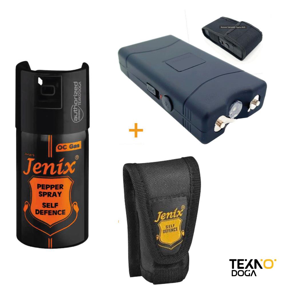 TDTX  Jenix 40ml Biber Gazı Taşıma Kılıflı ve Taşıma Kılıflı Elektro şok Cihazı Savunma Seti KS3