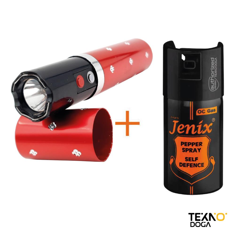 TDTX V2 Kırmızı Ruj Elektroşok Cihazı ve Jenix 40ml Biber Gazı Savunma Seti KS9