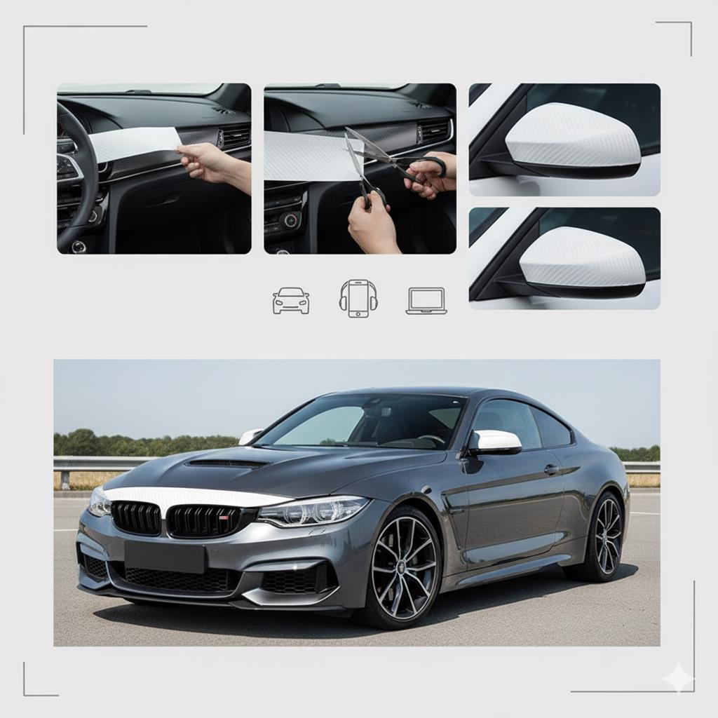 1.52m x 28m Beyaz 3D Karbon Kendinden Hava Kanallı Araç Kaplama Rulosu