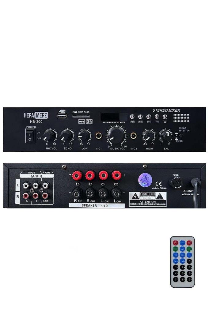 Hepa Merz HB-300 Stereo Mixer Amfi 4-8 Ohm 2 Çıkışlı 2x150W Anfi Bluetooth Usb