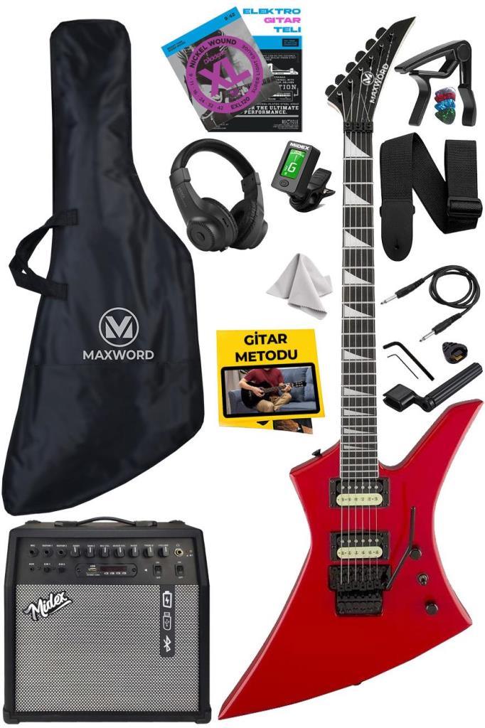 Maxword DG-34RD-50AMP Kelly Kasa Floyde Rose 2x Zebra HH Manyetik 50W Amfili Elektro Gitar