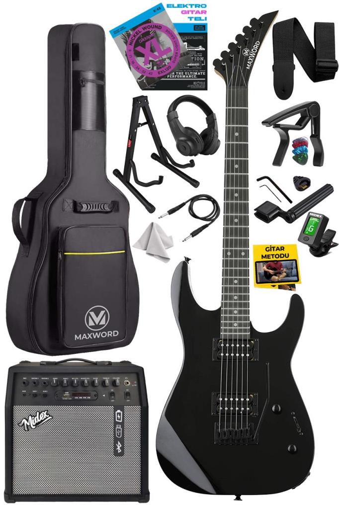 Maxword Grade-50AMP Black Rosewood Yüksek Kalite 50W Amfili Elektro Gitar