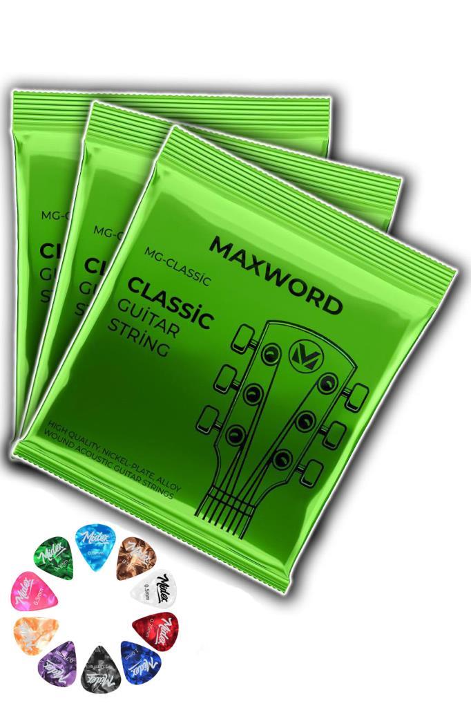 Maxword GT-Classic-3X Kaliteli Klasik Gitar Teli 3 Takım Set (10 Pena Hediye)