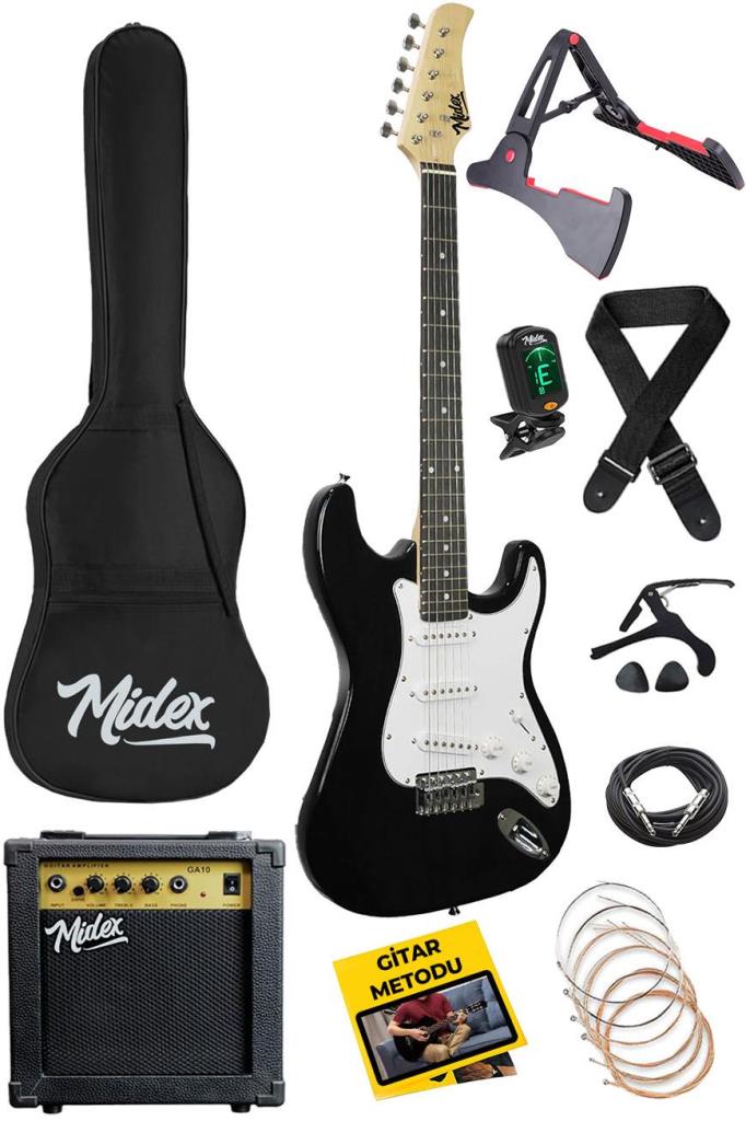 Midex AGE-80BK Amfili Full Elektro Gitar Seti 4/4 Yetişkin 39 İnç White Black