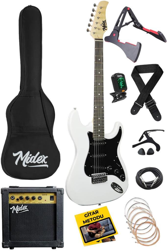 Midex AGE-80WH Amfili Full Elektro Gitar Seti 4/4 Yetişkin 39 İnç White