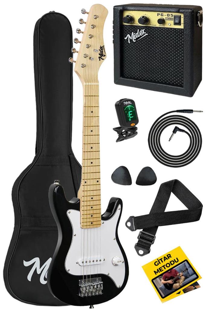 Midex CEG-30WB 4-6 Yaş Çocuklar İçin Amfili Full 1/4 30 İnç Elektro Gitar Seti White Black