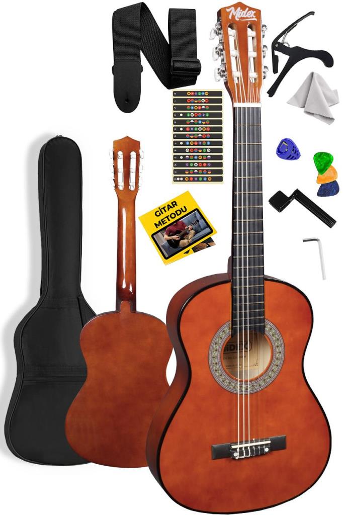 Midex CG-270BRW Brown Renk Klasik Gitar 4/4 Yetişkin Boy Sap Ayarlı Full Set