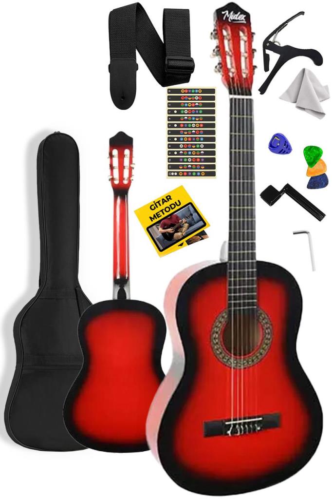 Midex CG-270RD Kırmızı Renk Klasik Gitar 4/4 Yetişkin Boy Sap Ayarlı Full Set