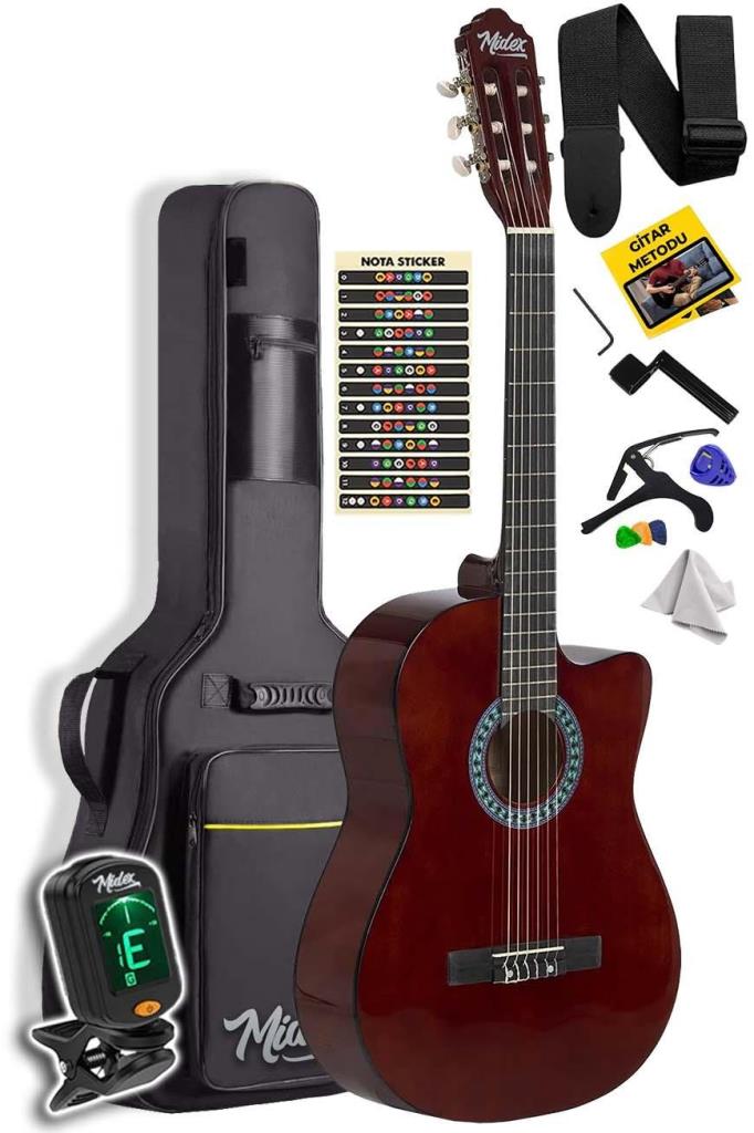 Midex CG-390BR-XBAG Klasik Gitar 4/4 Sap Ayarlı Kesik Kasa (Çanta Tuner Askı Capo Metod Pena)