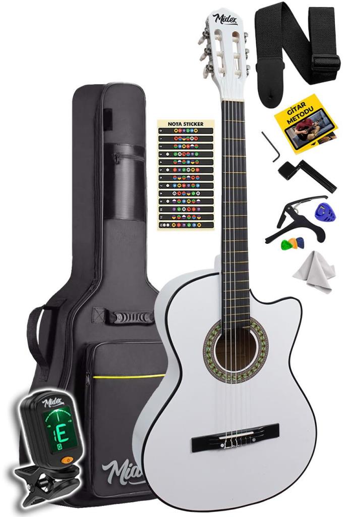 Midex CG-390WH-XBAG Beyaz Renk Klasik Gitar 4/4 Sap Ayarlı Kesik Kasa (Full Set)