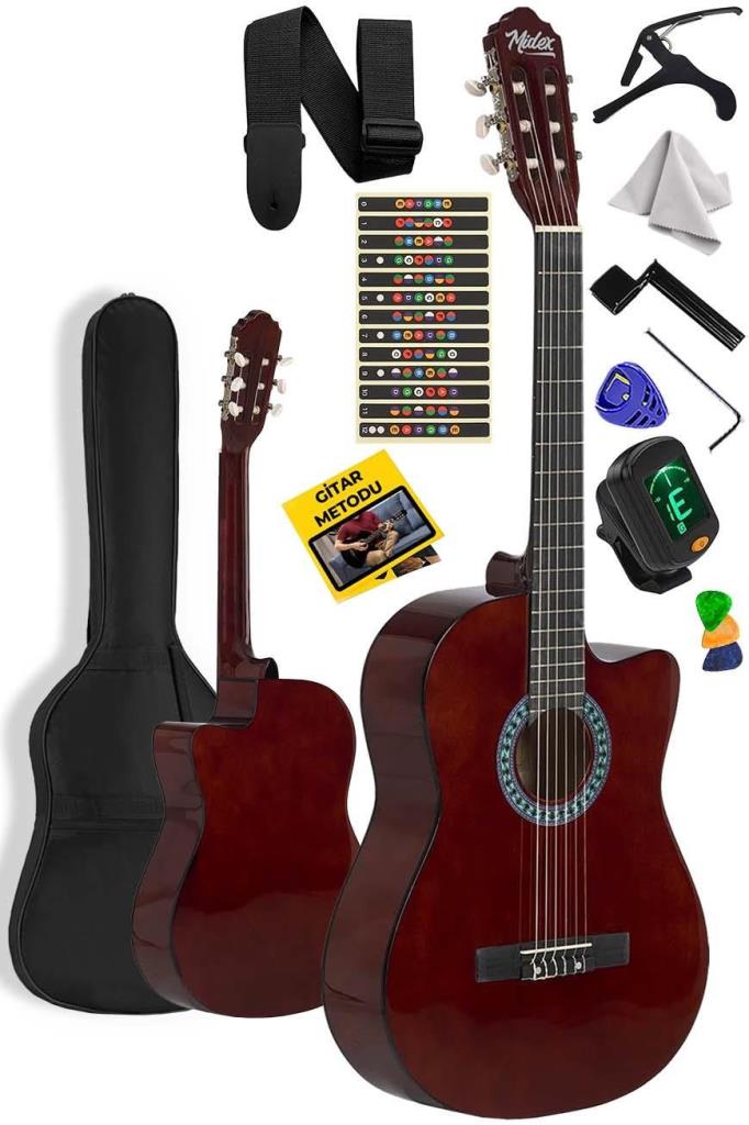 Midex CG-395BR Kahve Renk Kesik Klasik Gitar 4/4 Yetişkin Boy Sap Ayarlı Full Set