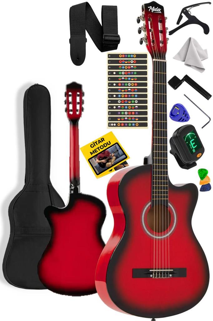 Midex CG-395RD Kırmızı Renk Kesik Klasik Gitar 4/4 Yetişkin Boy Sap Ayarlı Full Set