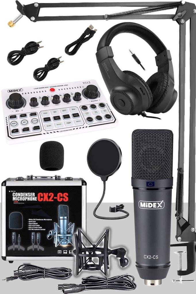 Midex CX2 White Power Paket-6 Stüdyo Mikrofon Şarjlı Ses Kartı Kulaklık Stand (Kayıt ve Canlı Yayın)