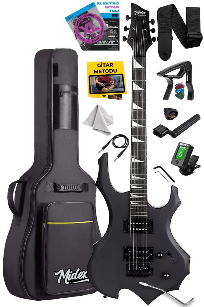 Midex Force Masif Ağaç Üst Seviye Elektro Gitar H-H Profesyonel Full Set Aksesuarlı